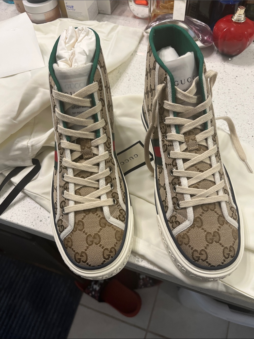 Gucci Beige GG Supreme High-Top Sneakers with Green Trim